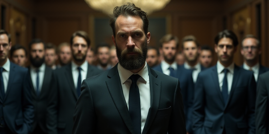 a man with a beard and a suit and tie standing in front of other people in suits and ties, Dan Scott