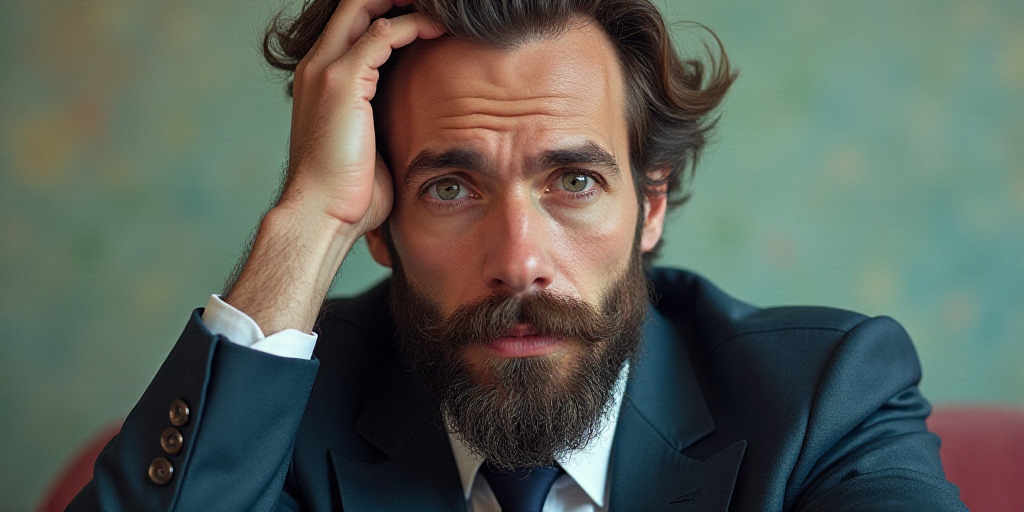 a man with a beard and a suit on is holding his head in his hand and looking at the camera, Carlos C