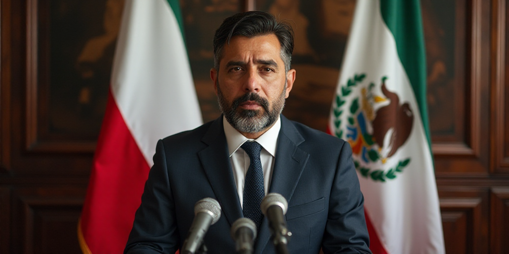 a man with a beard and a suit jacket standing in front of two flags and microphones in front of him,