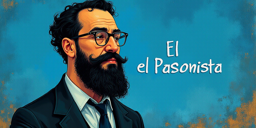 a man with a beard and glasses standing in front of a blue background with the words, el pasonista,