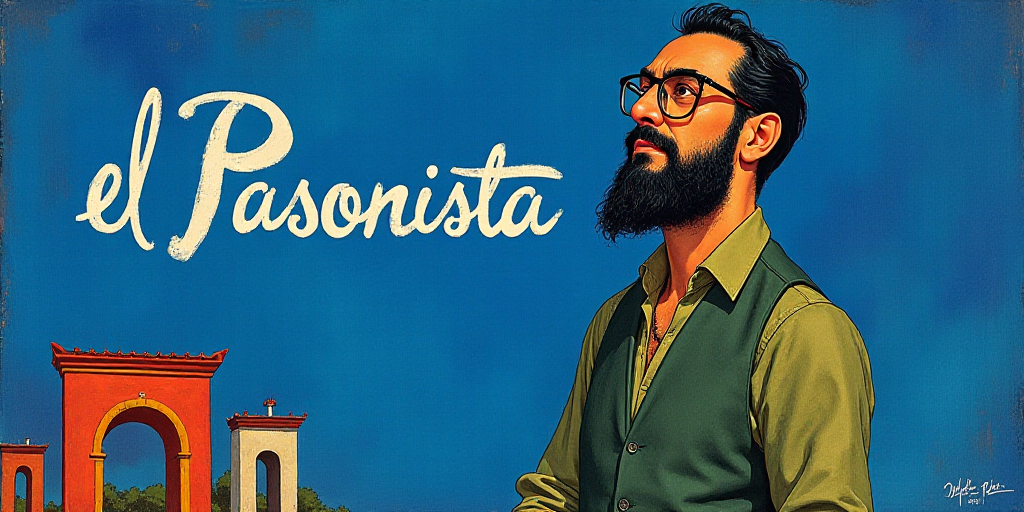 a man with a beard and glasses standing in front of a blue background with the words, el pasonista,