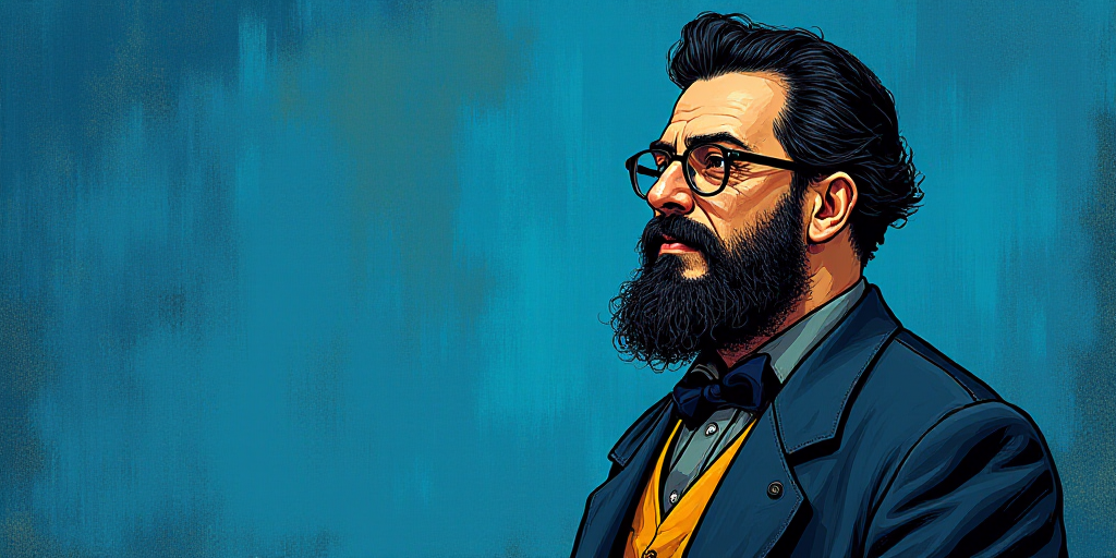 a man with a beard and glasses standing in front of a blue background with the words, el pasonista,