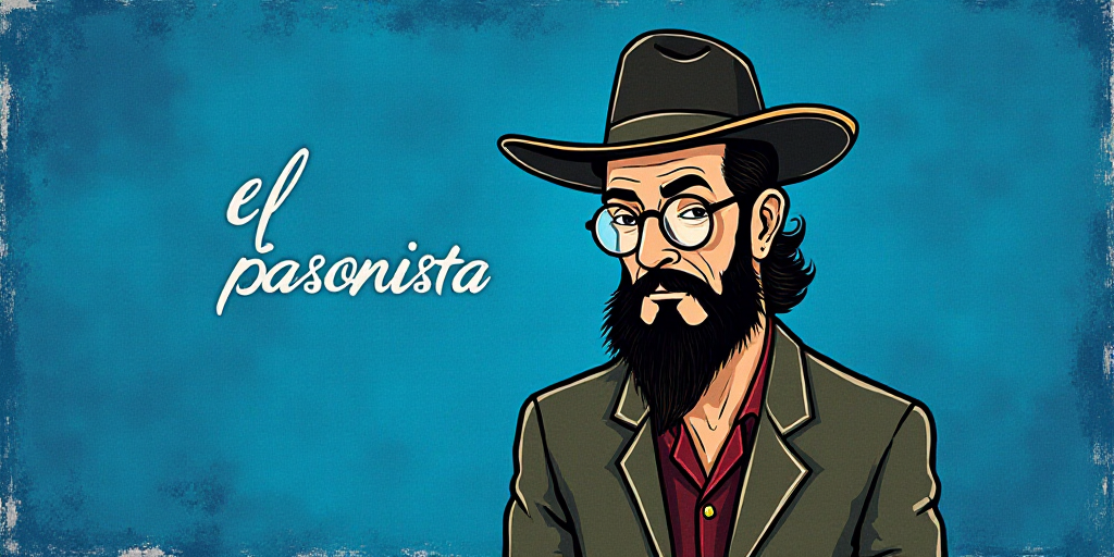 a man with a beard and glasses standing in front of a blue background with the words, el pasonista,