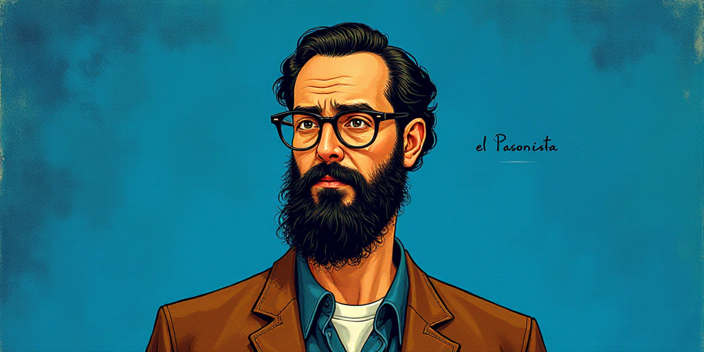 a man with a beard and glasses standing in front of a blue background with the words, el pasonista,