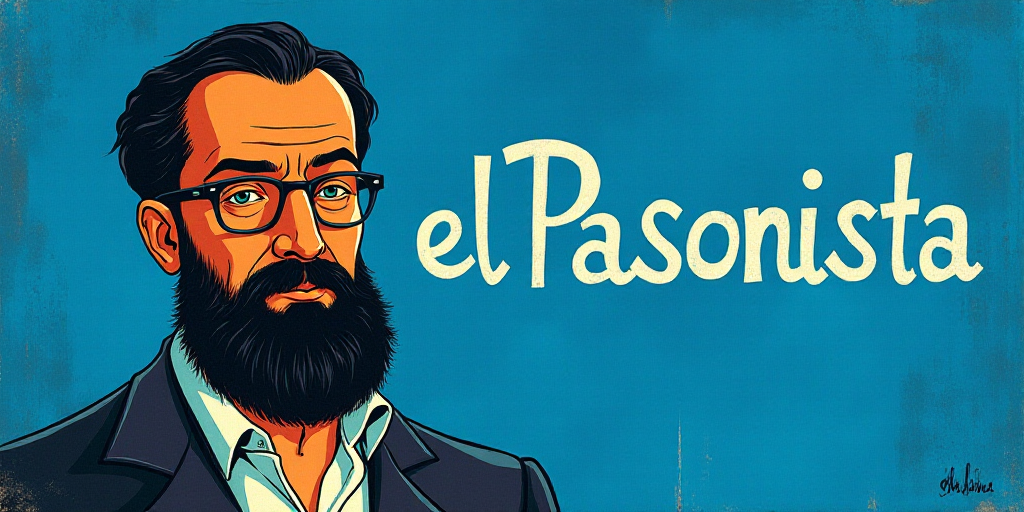 a man with a beard and glasses standing in front of a blue background with the words, el pasonista,
