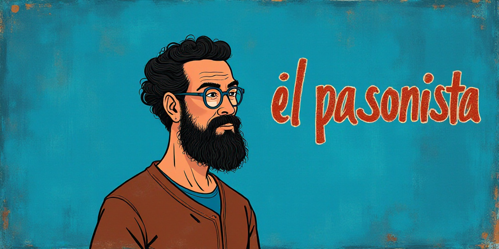 a man with a beard and glasses standing in front of a blue background with the words, el pasonista,
