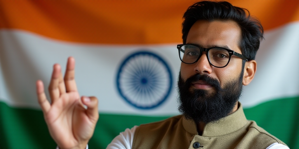 a man with a beard and glasses making a gesture with his hand in front of a flag of india, Bholekar
