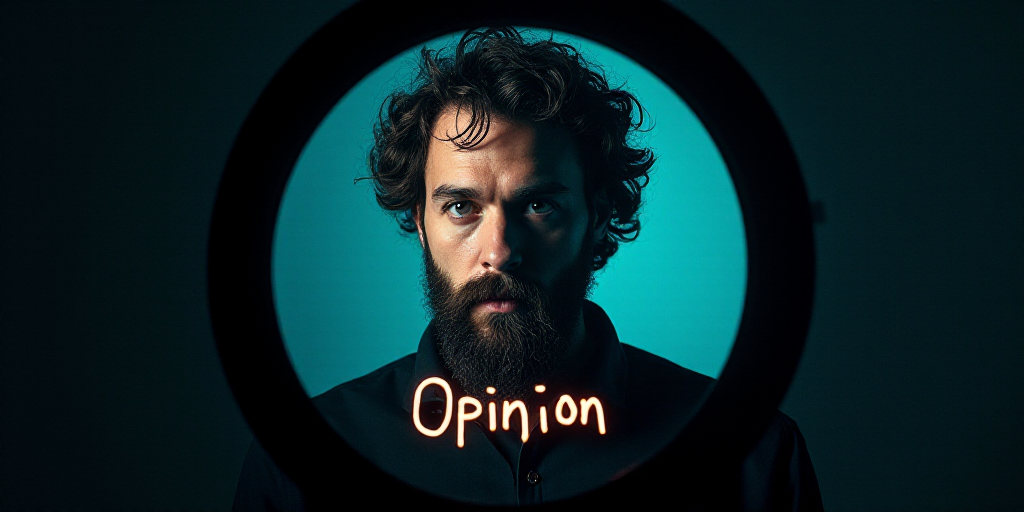 a man with a beard and mustache is shown in a black and blue circle with the words opinion on it, Es