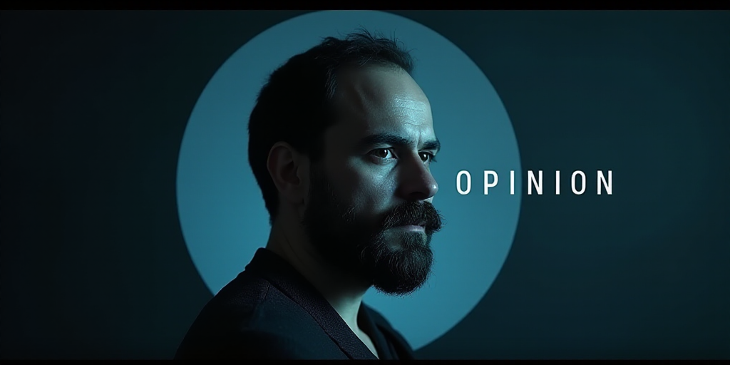 a man with a beard and mustache is shown in a black and blue circle with the words opinion on it, Es