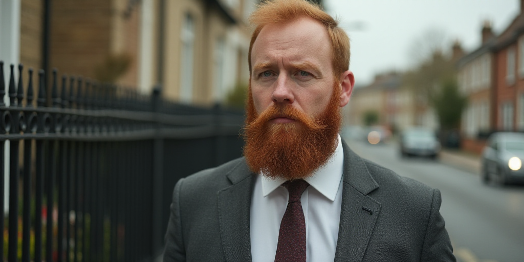 a man with a beard wearing a suit and tie walking down a street with a fence in the background, Davi