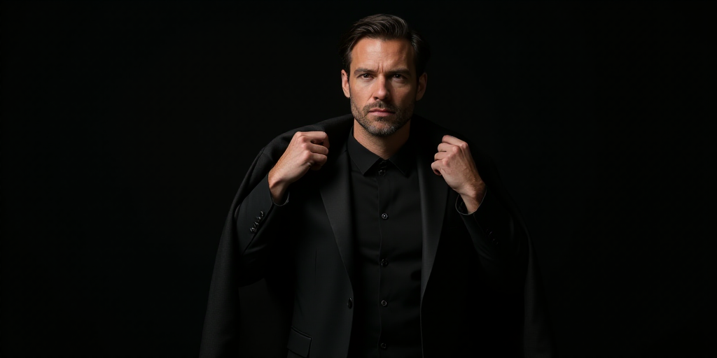 a man with a black shirt and a black jacket on holding a black jacket over his shoulder and a black