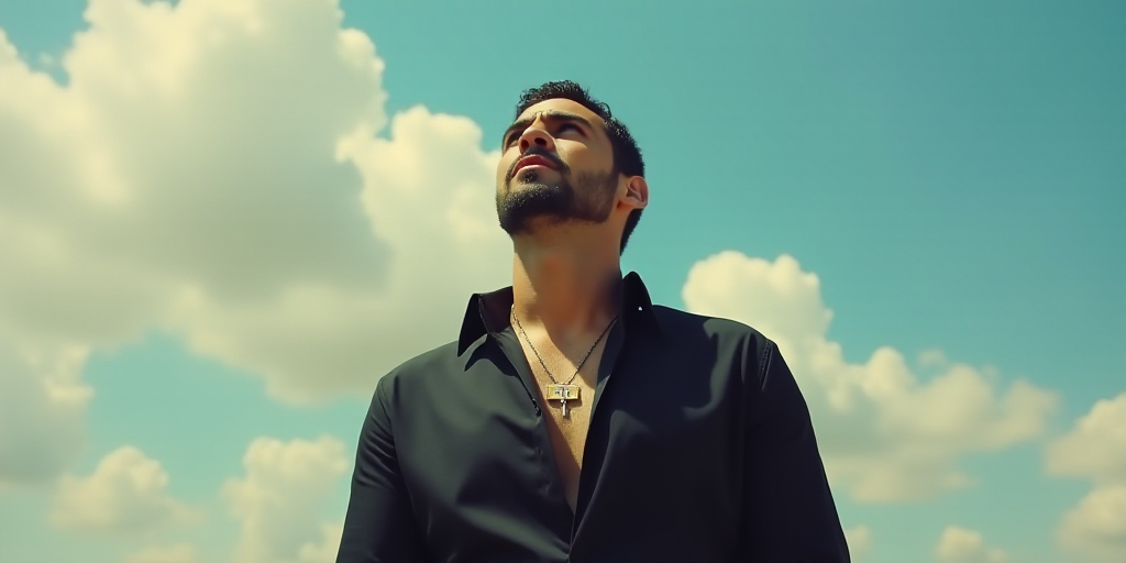 a man with a black shirt and a yellow and white tag on his neck looking up at something in the air,