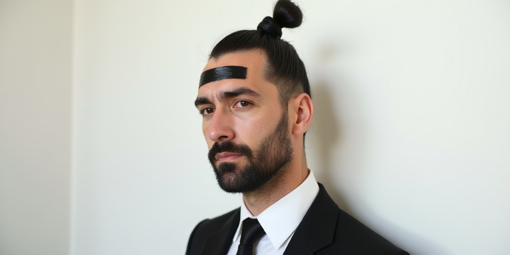 a man with a black strip on his forehead and a black tie on his head and a white wall behind him, Es