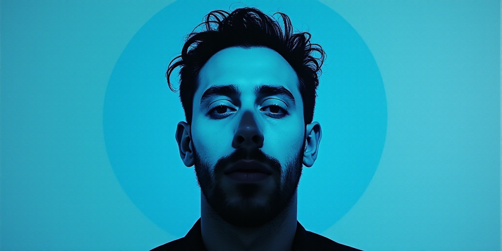 a man with a blue background and a black and white photo of him is featured in a blue circle, Carlos