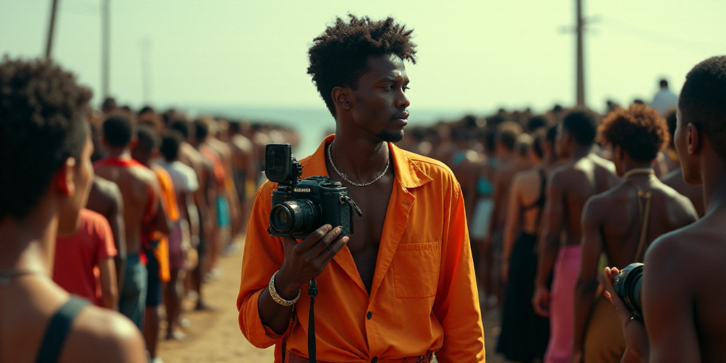 a man with a camera in front of a crowd of people with a camera in his hand and a video camera in hi