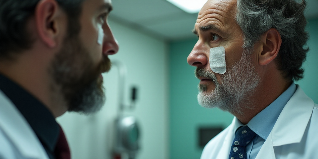a man with a cast on his eye is looking at another man with a cast on his eye and a man in a white c