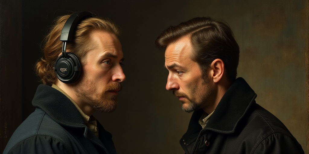 a man with a headset on his ear looking at something while another man looks on with a serious look