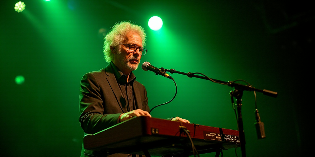 a man with a microphone and a keyboard in front of a microphone and a stage with green lights behind