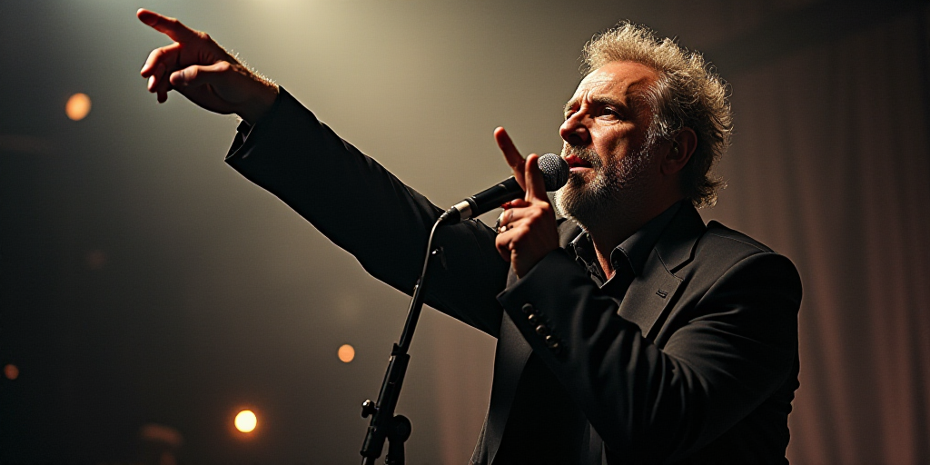 a man with a microphone in his hand and a microphone in his other hand, pointing at something with a