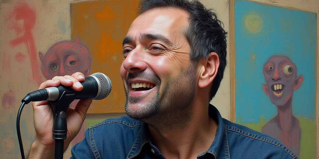 a man with a microphone in his mouth and a microphone in his hand in front of him, with a painting b