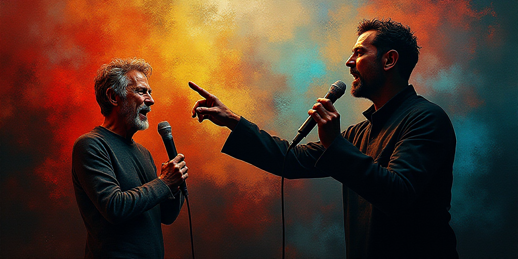 a man with a microphone in his hand and a microphone in his other hand, pointing at something with a