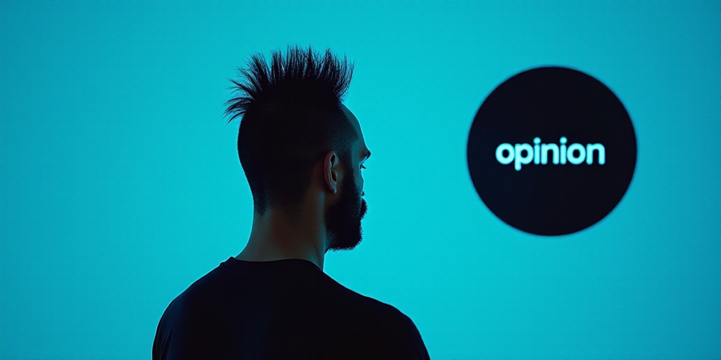 a man with a mohawk on his head and a blue background with a black circle with the words opinion, Ed