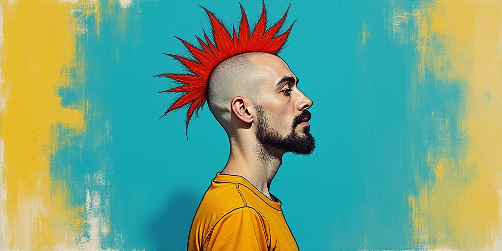 a man with a mohawk standing in front of a blue and yellow background with a black and white photo,