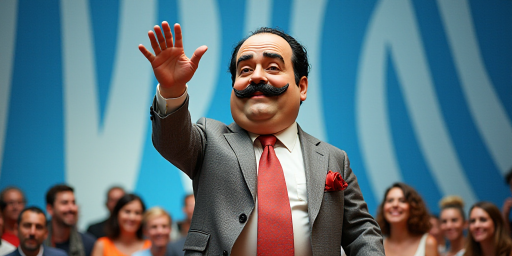 a man with a mustache and a mustache on his head waves to the crowd while standing in front of a blu