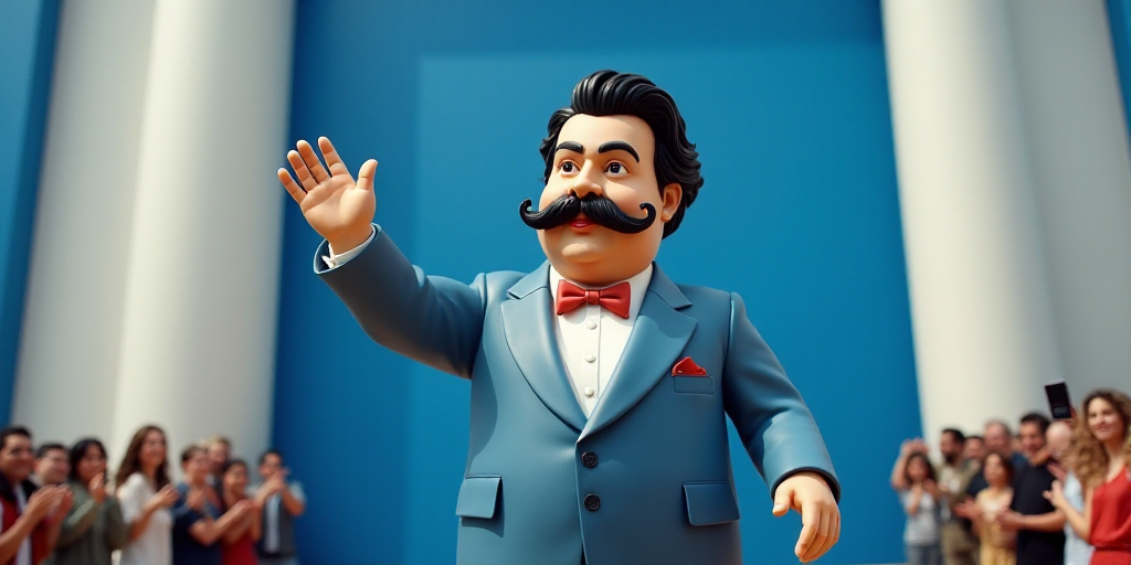 a man with a mustache and a mustache on his head waves to the crowd while standing in front of a blu
