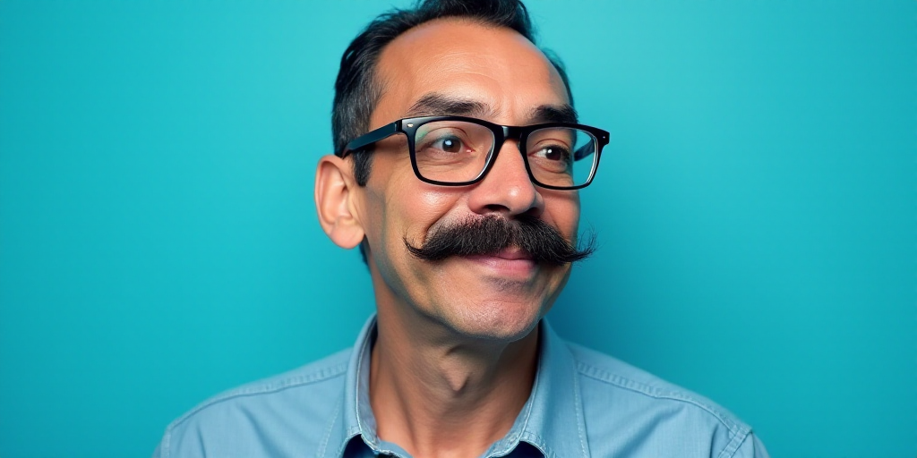 a man with a mustache and glasses on a blue background with the caption of a photo of a man with a m