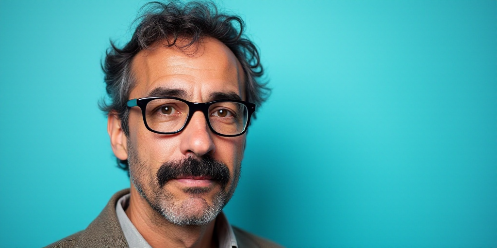 a man with a mustache and glasses on a blue background with the caption of a photo of a man with a m