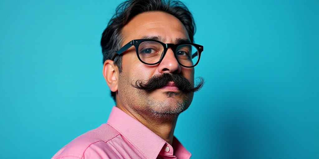 a man with a mustache and glasses on a blue background with the caption of a photo of a man with a m