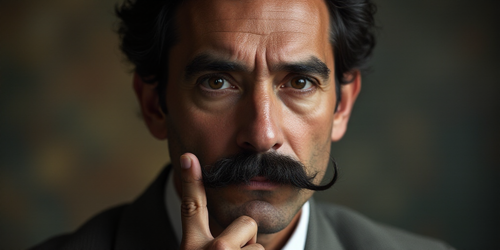 a man with a mustache pointing to the side of his face and pointing to the side of his face, Clovis