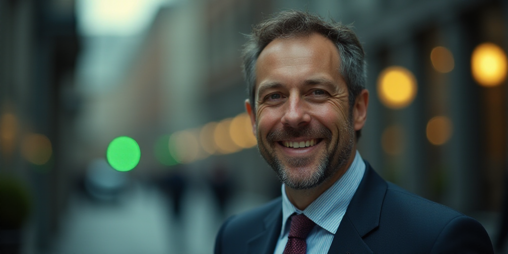 a man with a suit and tie smiling at the camera with a blurry background of a building and a green l