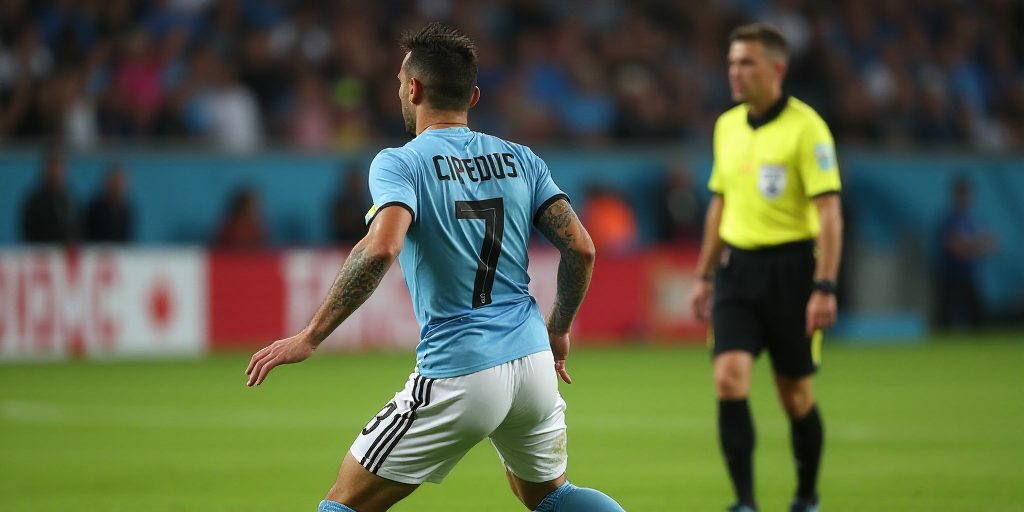 a man with a tattoo on his arm is playing soccer and a referee is watching him from the sidelines, C