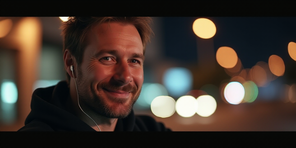 a man with ear buds on his ears smiling at the camera with a blurry background of lights in the back