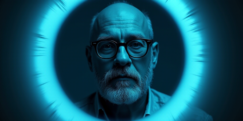 a man with glasses and a beard in a blue circle with the words opinion on it, oscar flores, Edward O