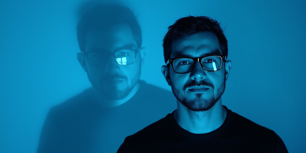 a man with glasses and a black shirt on a blue background with a black and white photo of him, Carlo