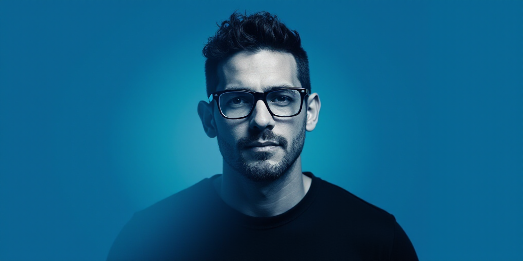 a man with glasses and a black shirt on a blue background with a black and white photo of him, Carlo