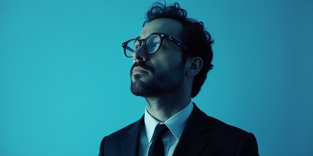 a man with glasses and a black suit on a blue background with a black and white photo of him, Carlos