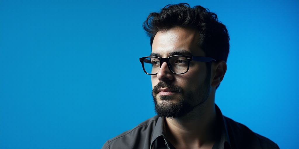 a man with glasses and a blue background with a black and white photo of him and the words, enrique
