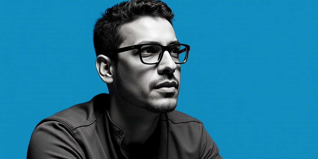 a man with glasses and a blue background with a black and white photo of him and the words, enrique