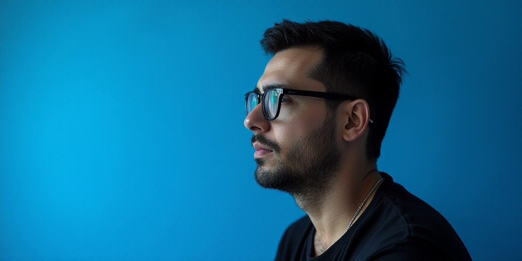 a man with glasses and a blue background with a black and white photo of him and the words, enrique
