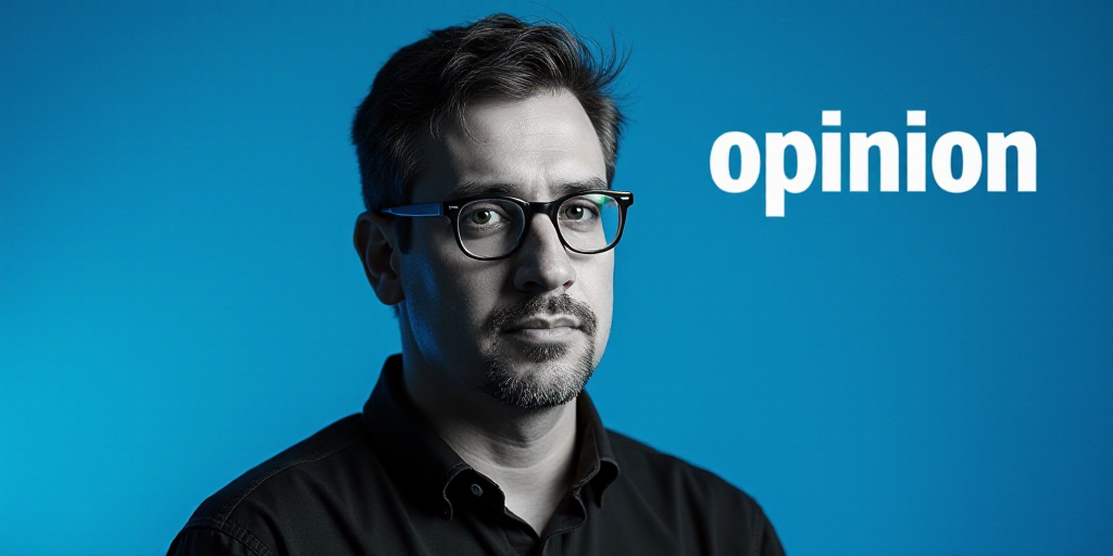 a man with glasses and a blue background with the words opinion on it, and a black and white photo o