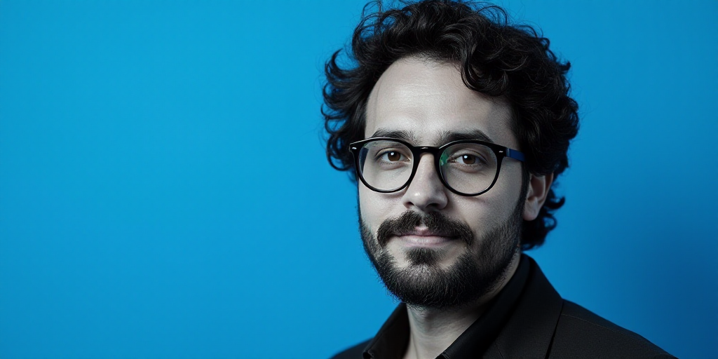 a man with glasses and a blue background with a black and white photo of him and the words, enrique