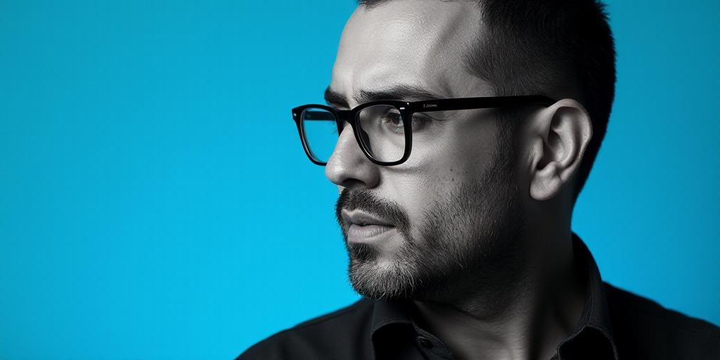 a man with glasses and a blue background with a black and white photo of him and the words, enrique