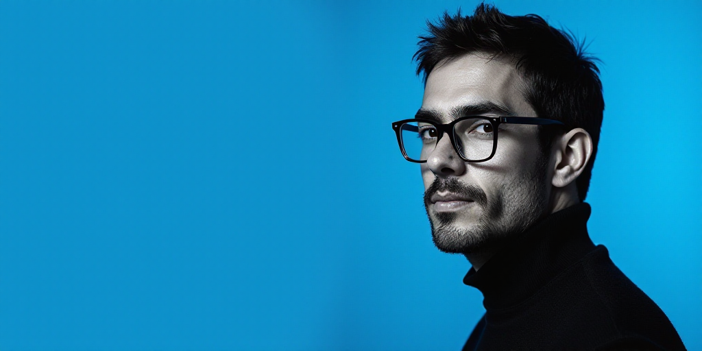 a man with glasses and a blue background with a black and white photo of him and the words, enrique