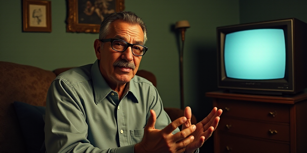 a man with glasses and a mustache is making a gesture with his hands while sitting in front of a tel