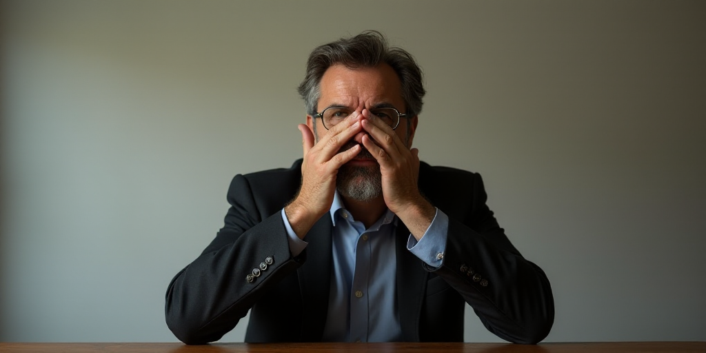 a man with glasses covering his face with his hands and covering his ears with his hands while sitti