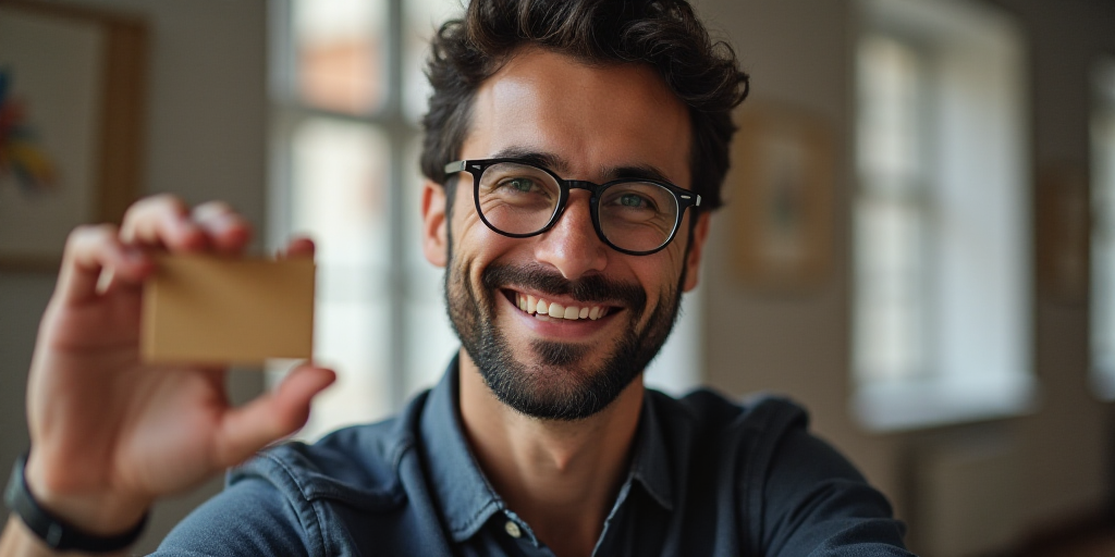 a man with glasses holding a card in his hand and smiling at the camera with a smile on his face, Ah